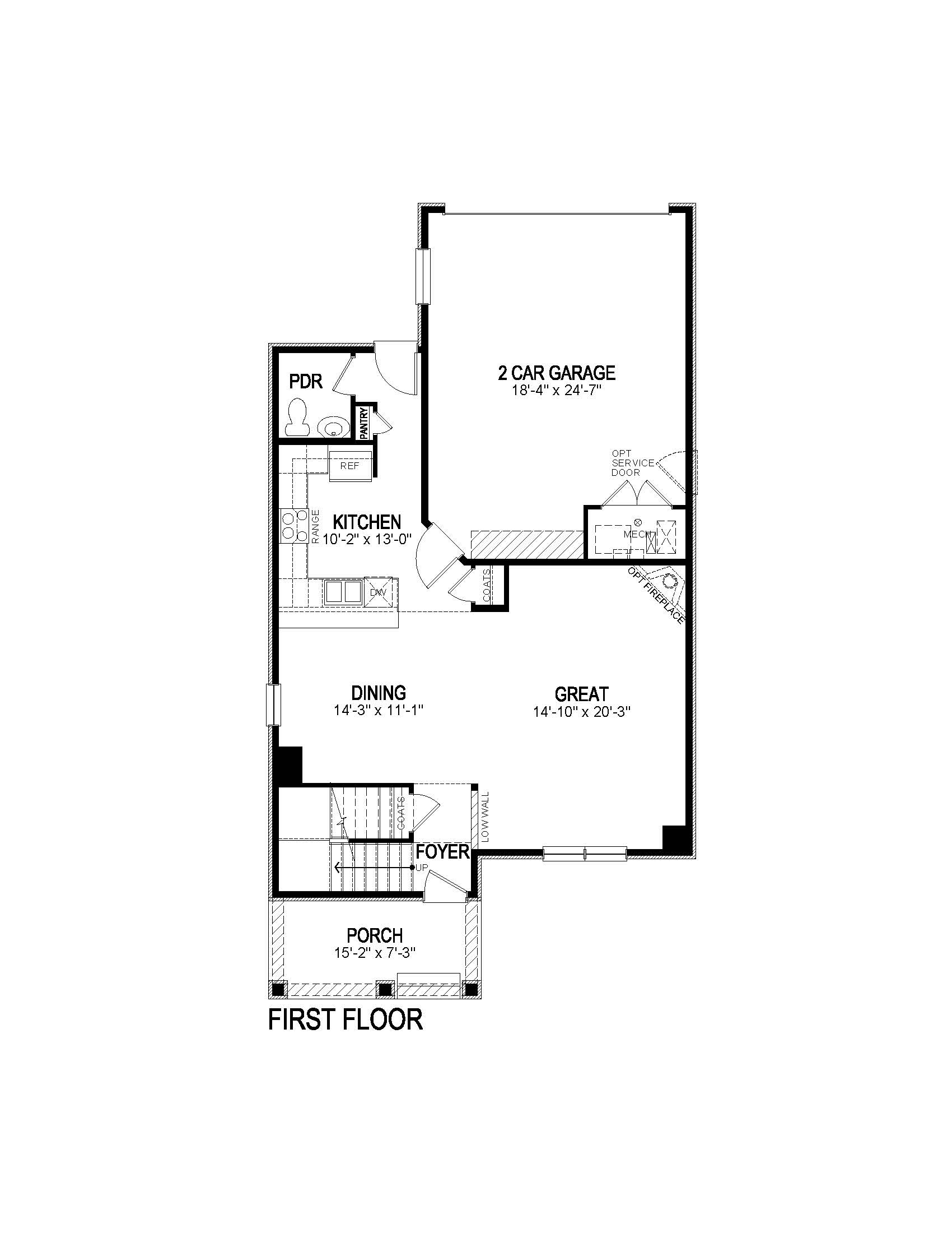Horizon Uptown Alamosa first floor plan drawing showcasing open great room and dining spaces and covered front porch