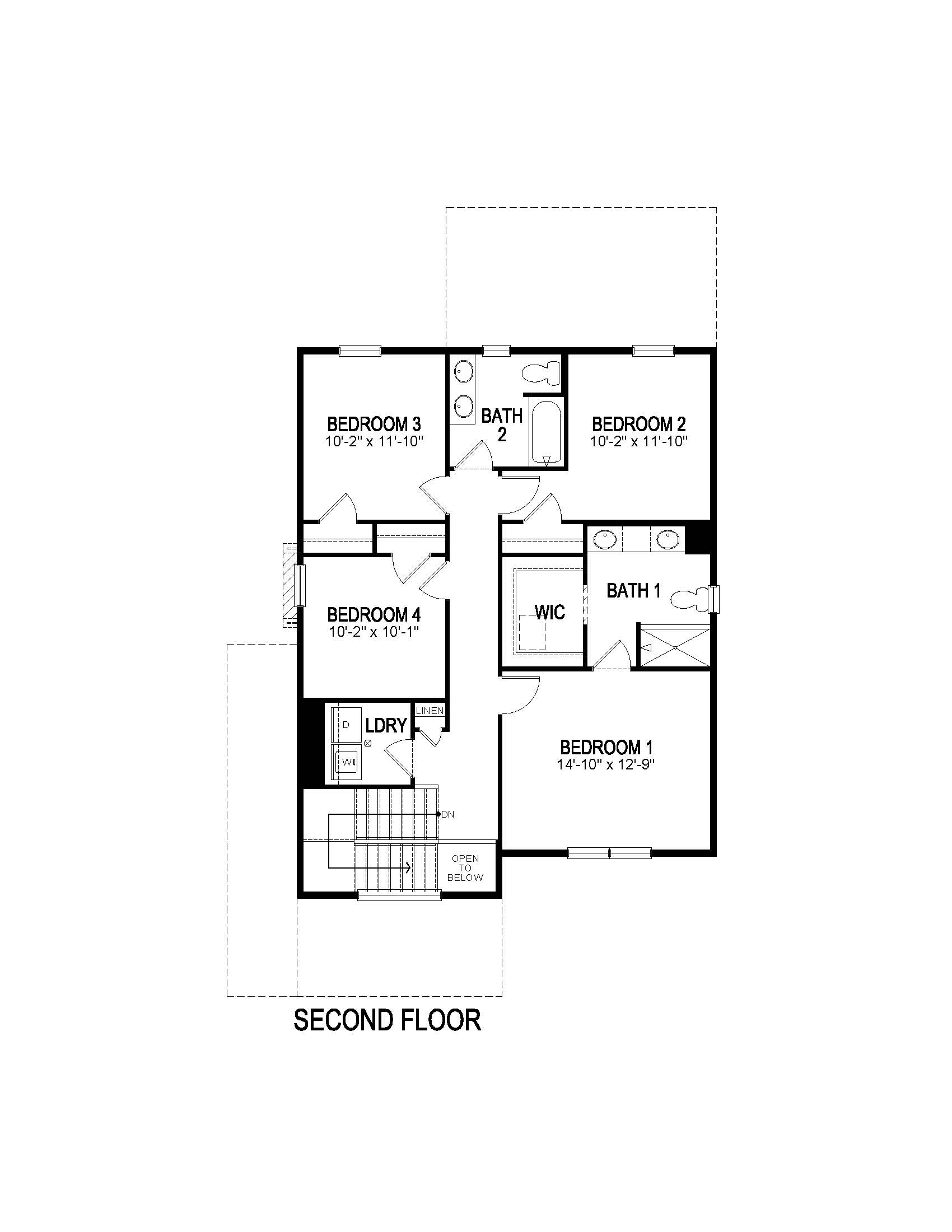 Second floor of Alamosa plan at Horizon Uptown providing four bedrooms and convenient upstairs laundry room
