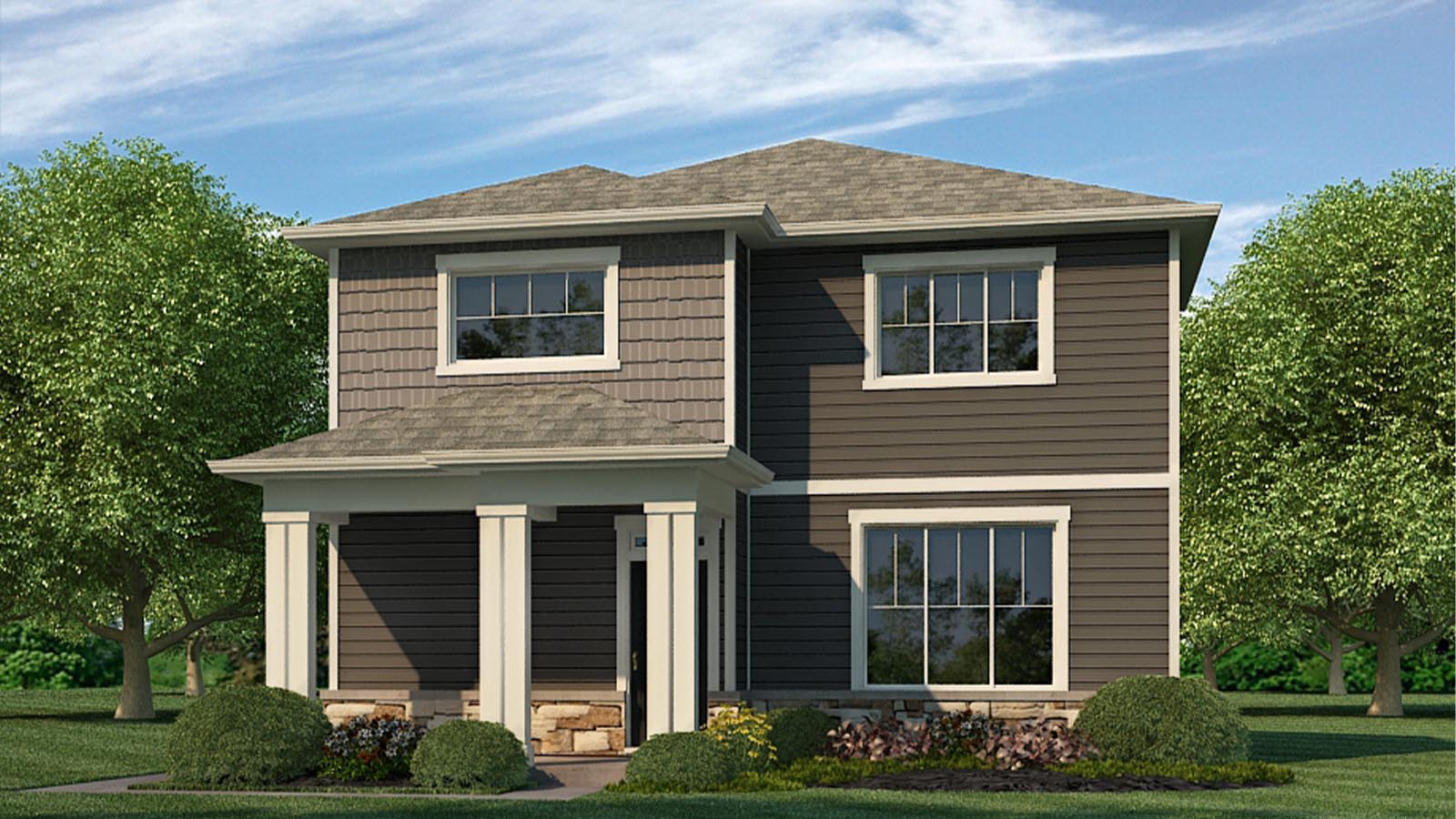 Exterior E elevation of Alamosa floor plan at Horizon Uptown showcasing a two-tone brown paint scheme and covered porch