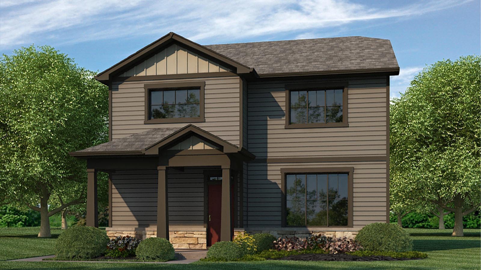 Alamosa plan exterior F rendering at Horizon Uptown with a rich brown color scheme, stone veneer accents and gridded windows