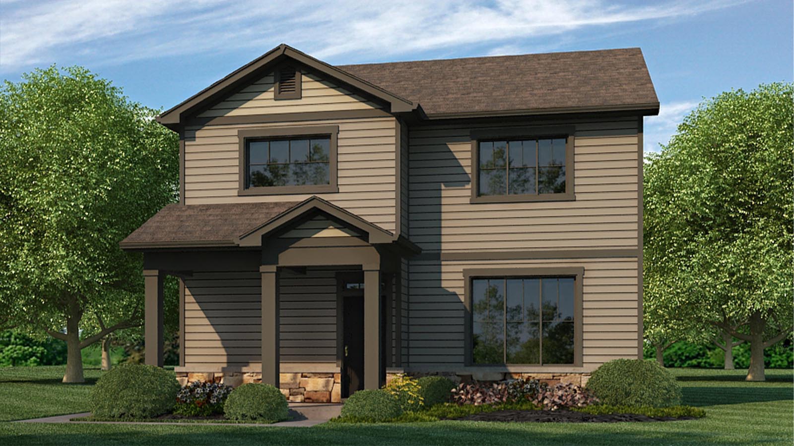Exterior D rendering of another Alamosa plan design with warm color scheme, stone veneer accents and generous covered porch