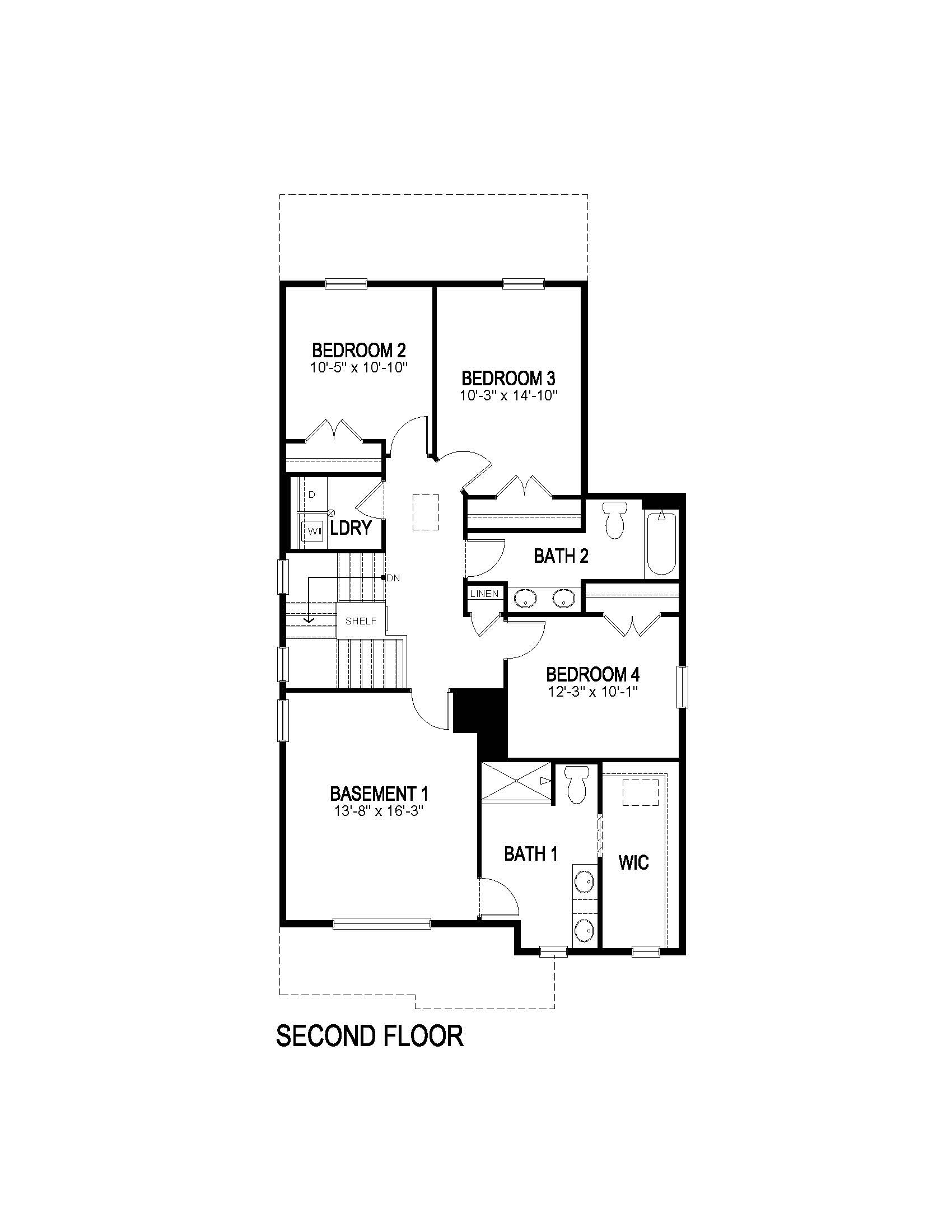 Second floor drawing of Elbert plan providing 4 bedrooms, 2 baths, laundry, and a primary bedroom with private bathroom