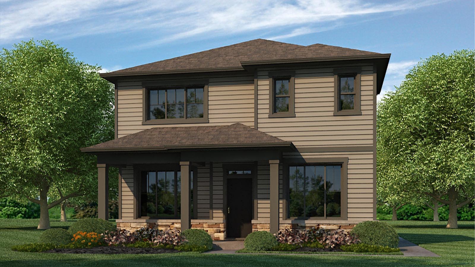 Brown color scheme for Elbert rendering D featuring gridded windows, covered front porch, stone veneer and hip roof style