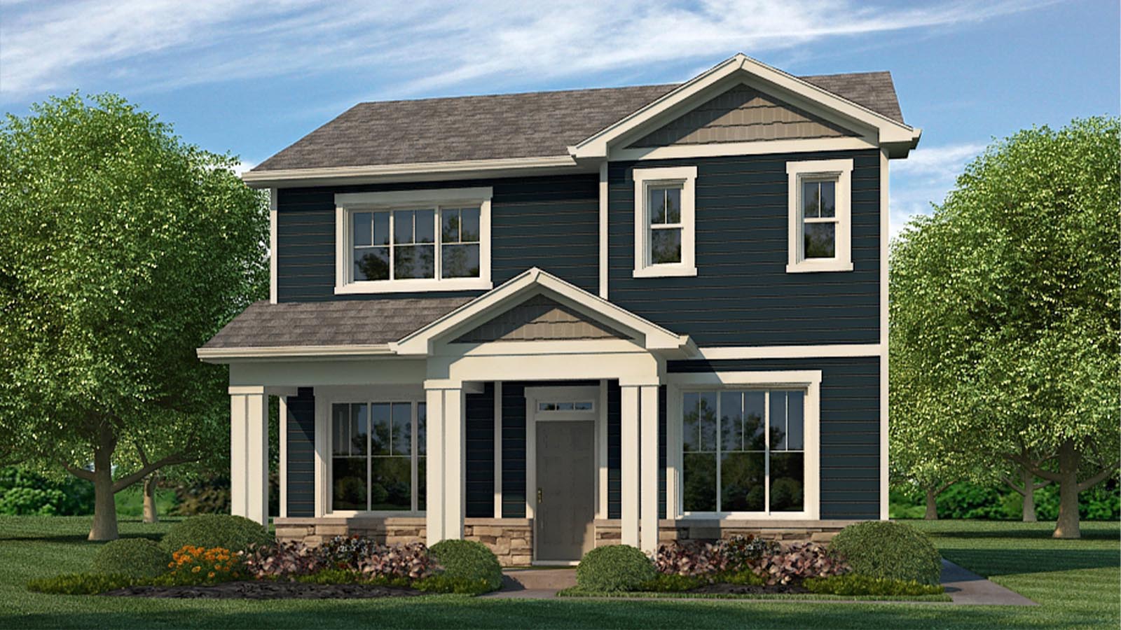 Rendering E of Elbert plan at Horizon Uptown displaying navy and beige color scheme, tall windows with grids and stone veneer