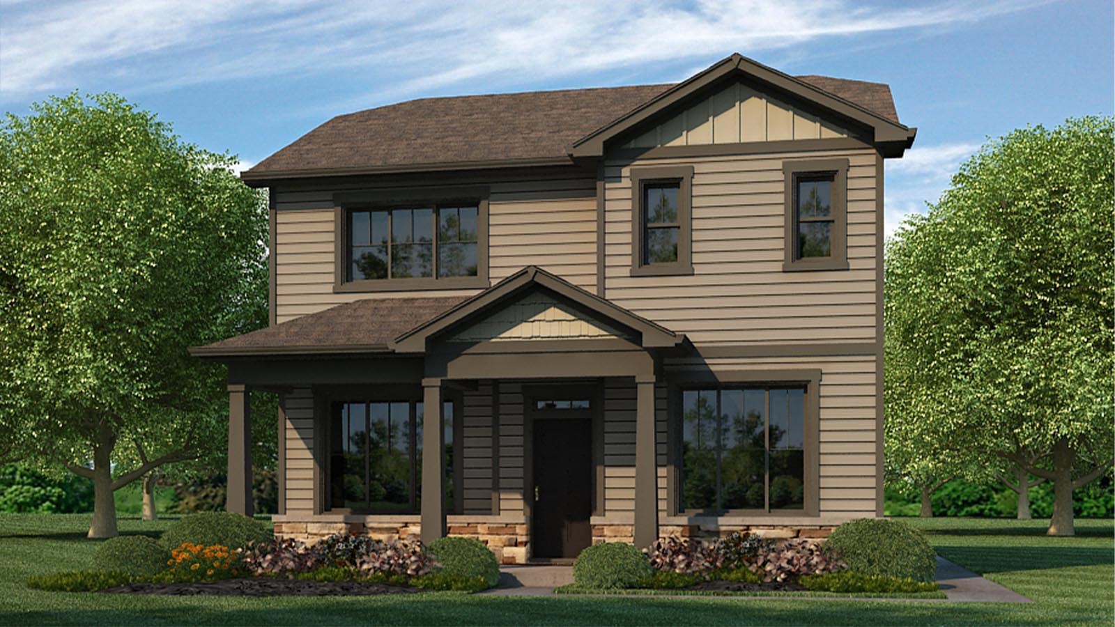 Elbert plan rendering F with medium brown color scheme, dark brown trim and window grids, covered porch and stone veneer