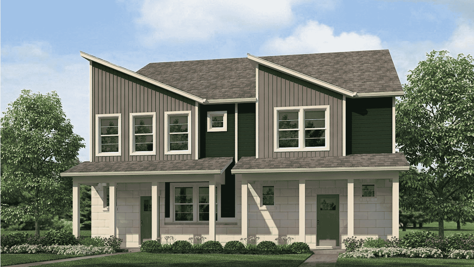 Rendering of exterior of two story paired home in Aurora Colorado