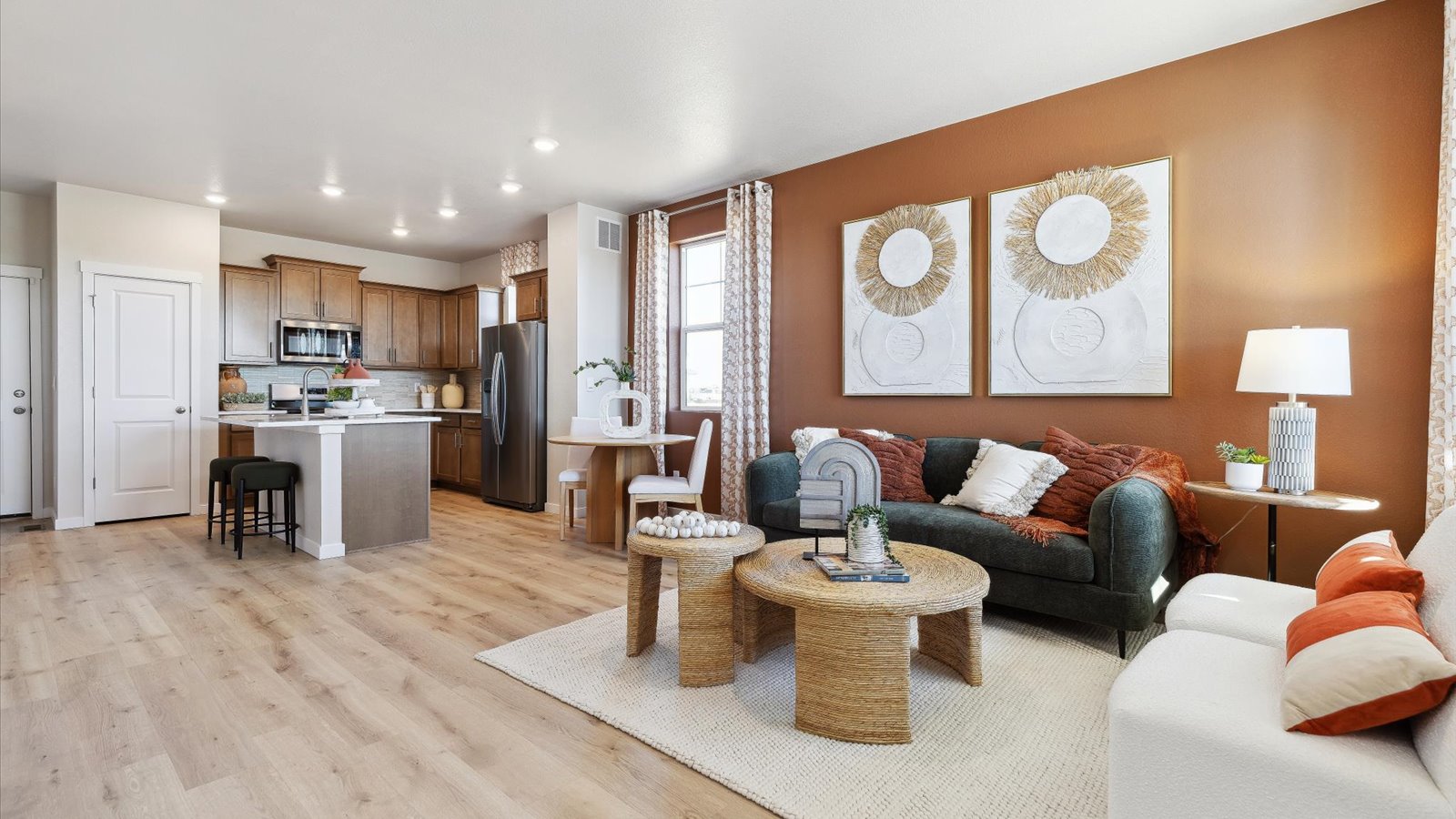 Augusta floor plan at Horizon Uptown showing a two‑story layout with 3 bedrooms, 2.5 bathrooms, and a 2‑car garage.
