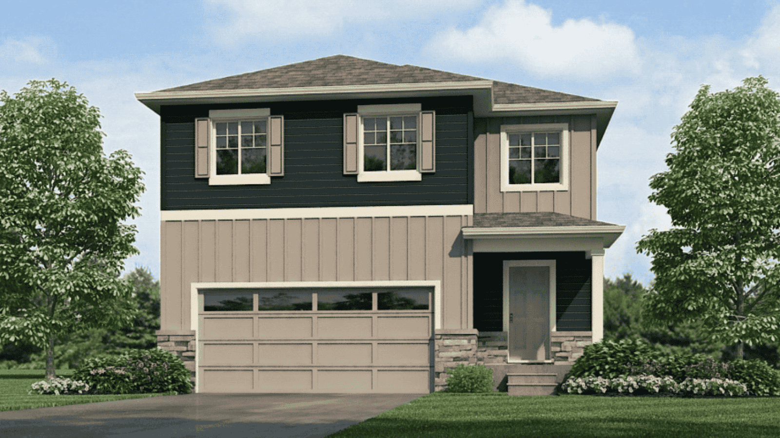 Exterior view of the Granary Elm home showcasing modern architectural design and curb appeal.