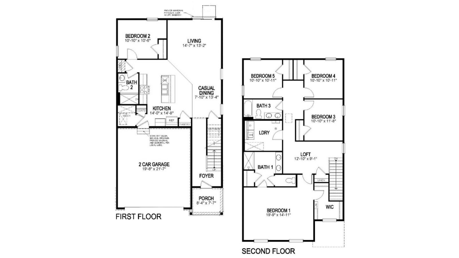 Blacklines of two-story floor plan, Elm, by D.R. Horton