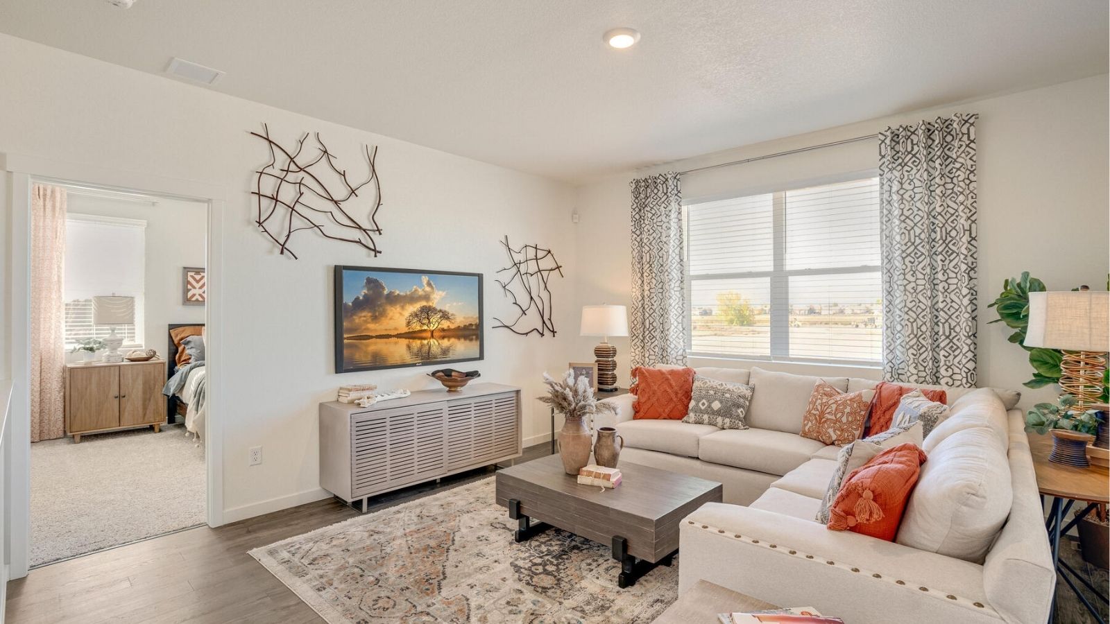living room in ranch style new home