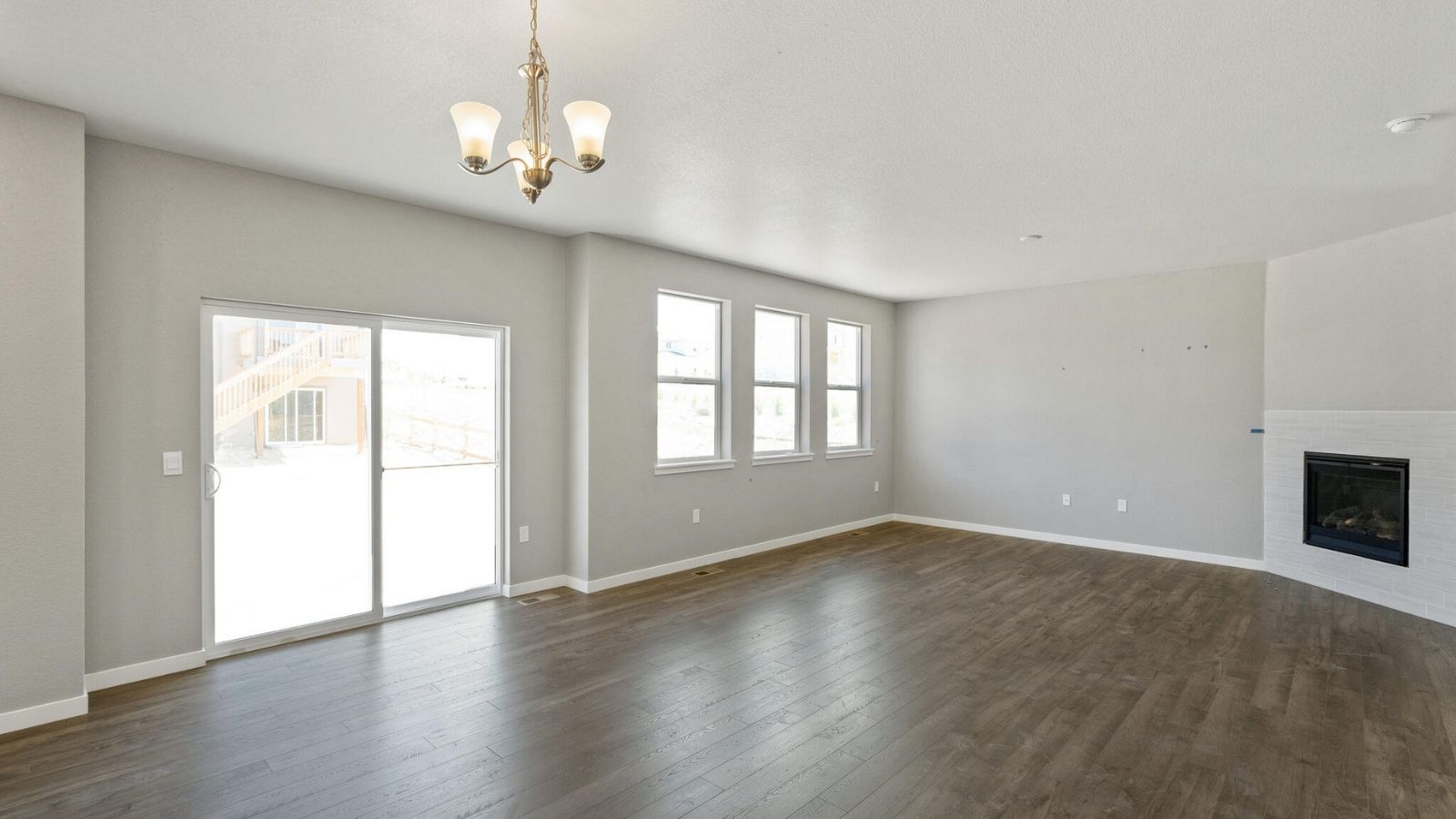 Open concept layout with a fireplace in Bridgeport floorplan
