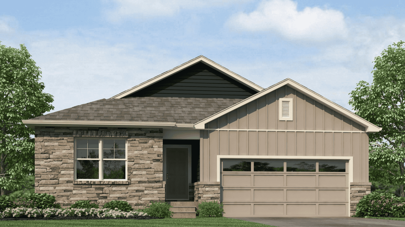 Exterior of the Newcastle floor plan at Westgate featuring attractive curb appeal and a two-car garage
