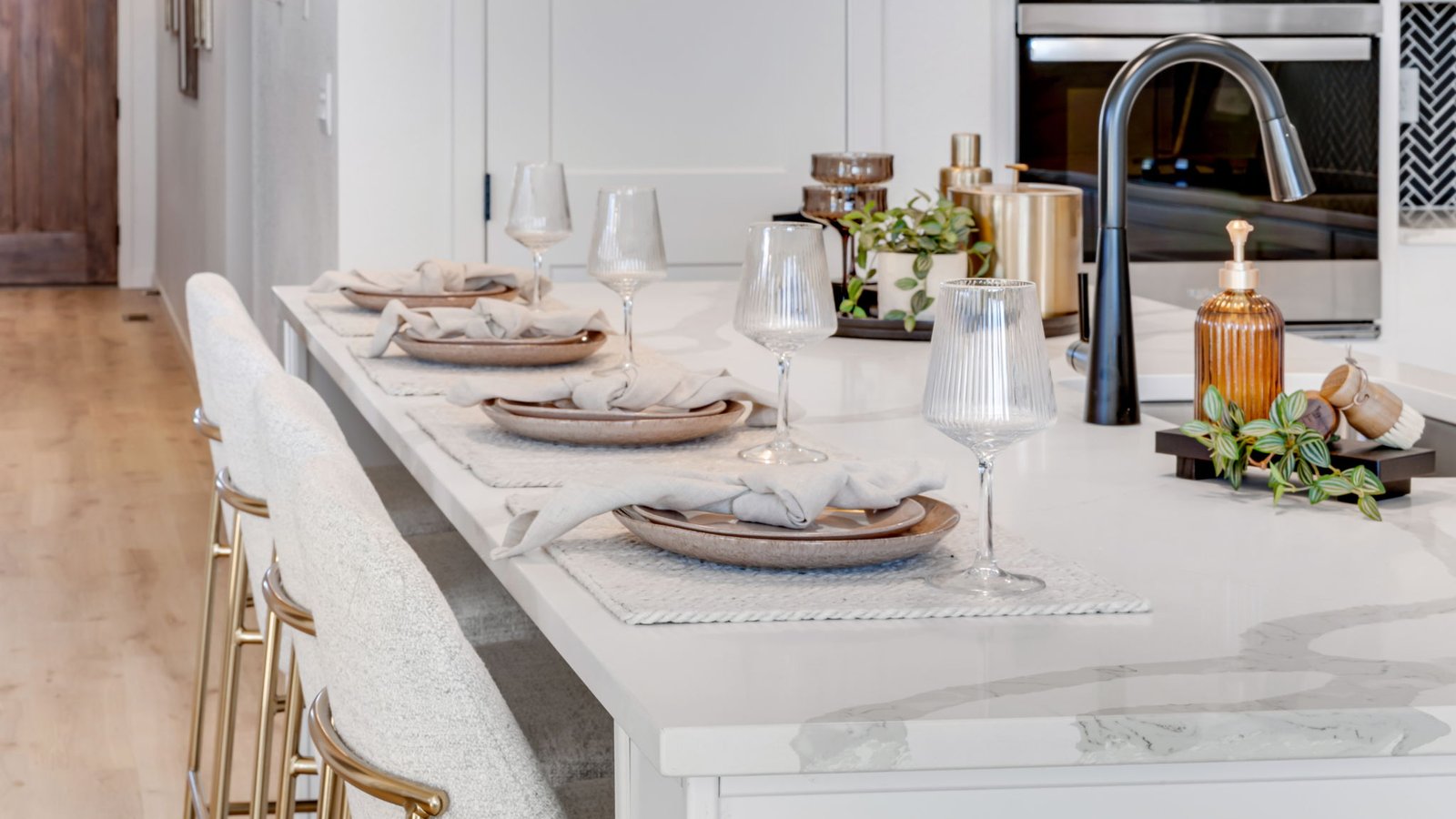 large kitchen island with quartz countertops