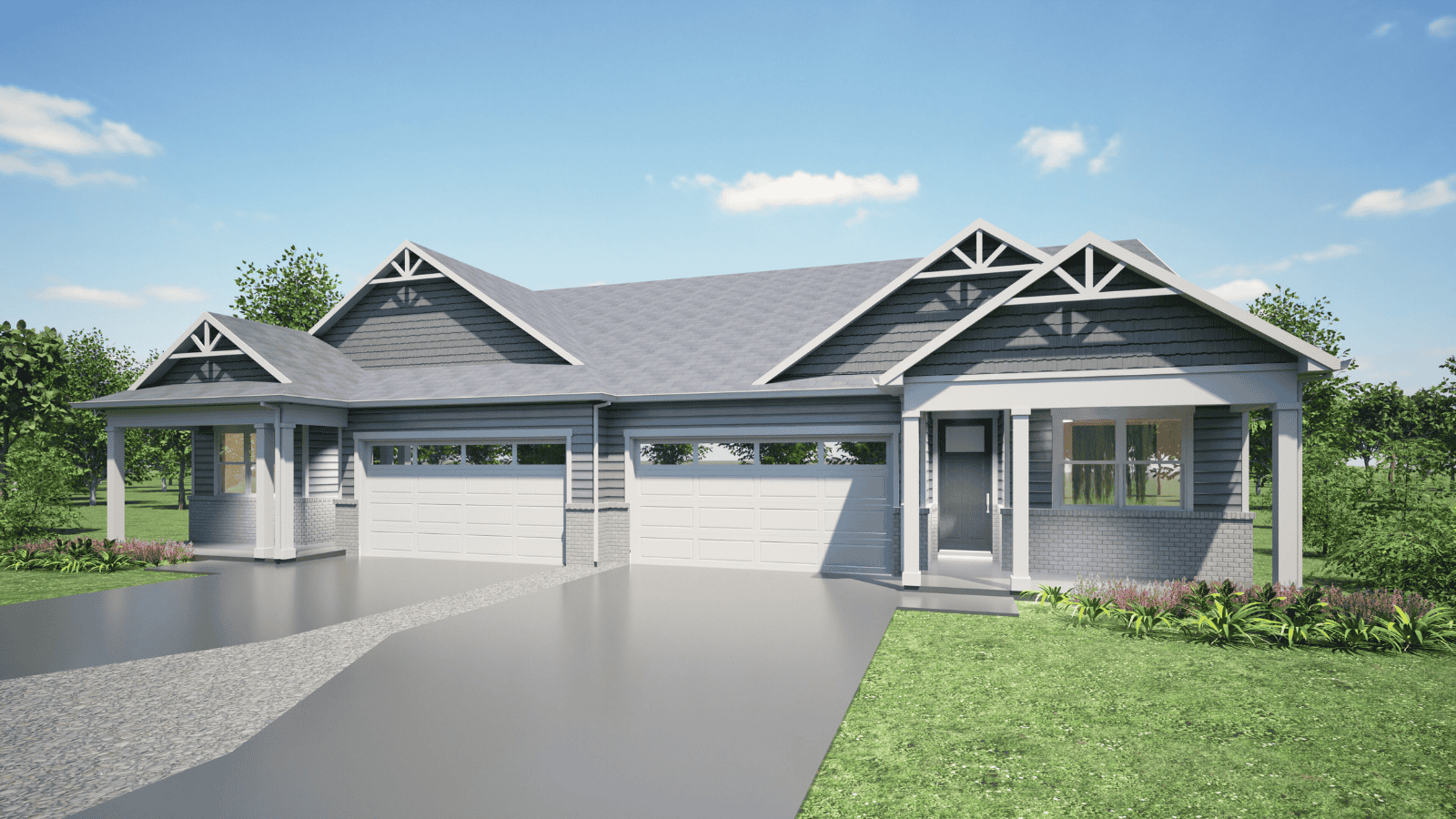 Farmhouse-style paired home rendering with gabled roof and front porch