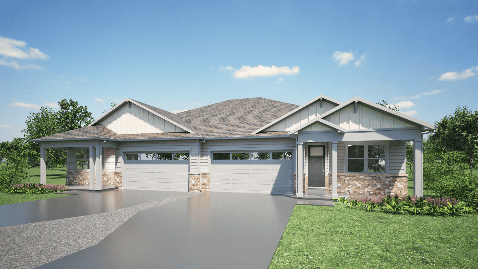 Traditional paired home rendering with gabled roof and front porch