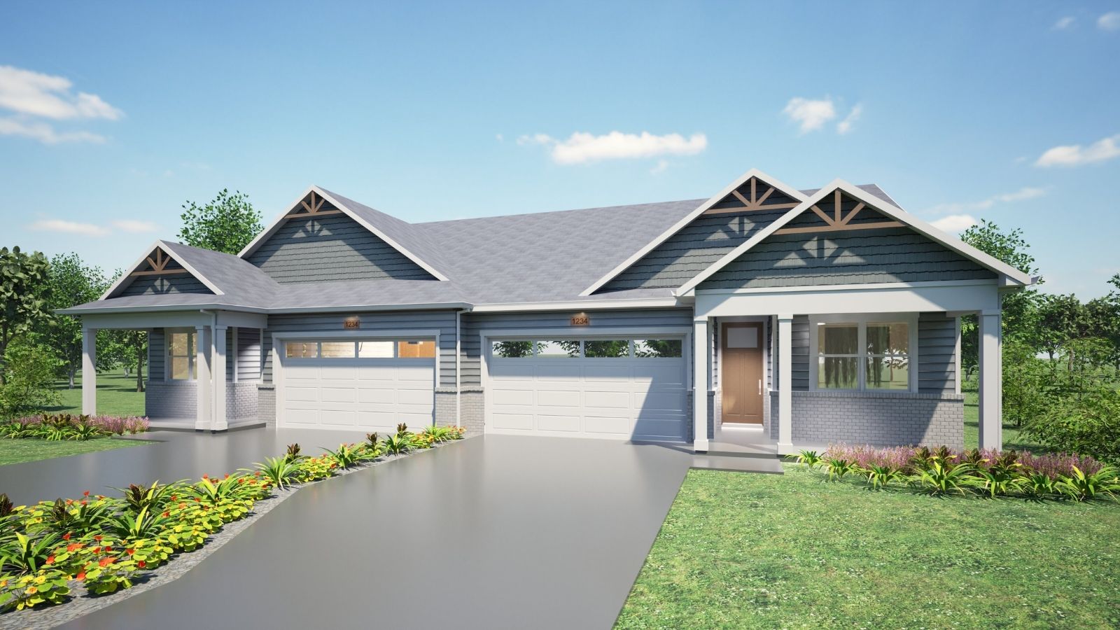 Farmhouse-style paired home rendering with gabled roof and front porch
