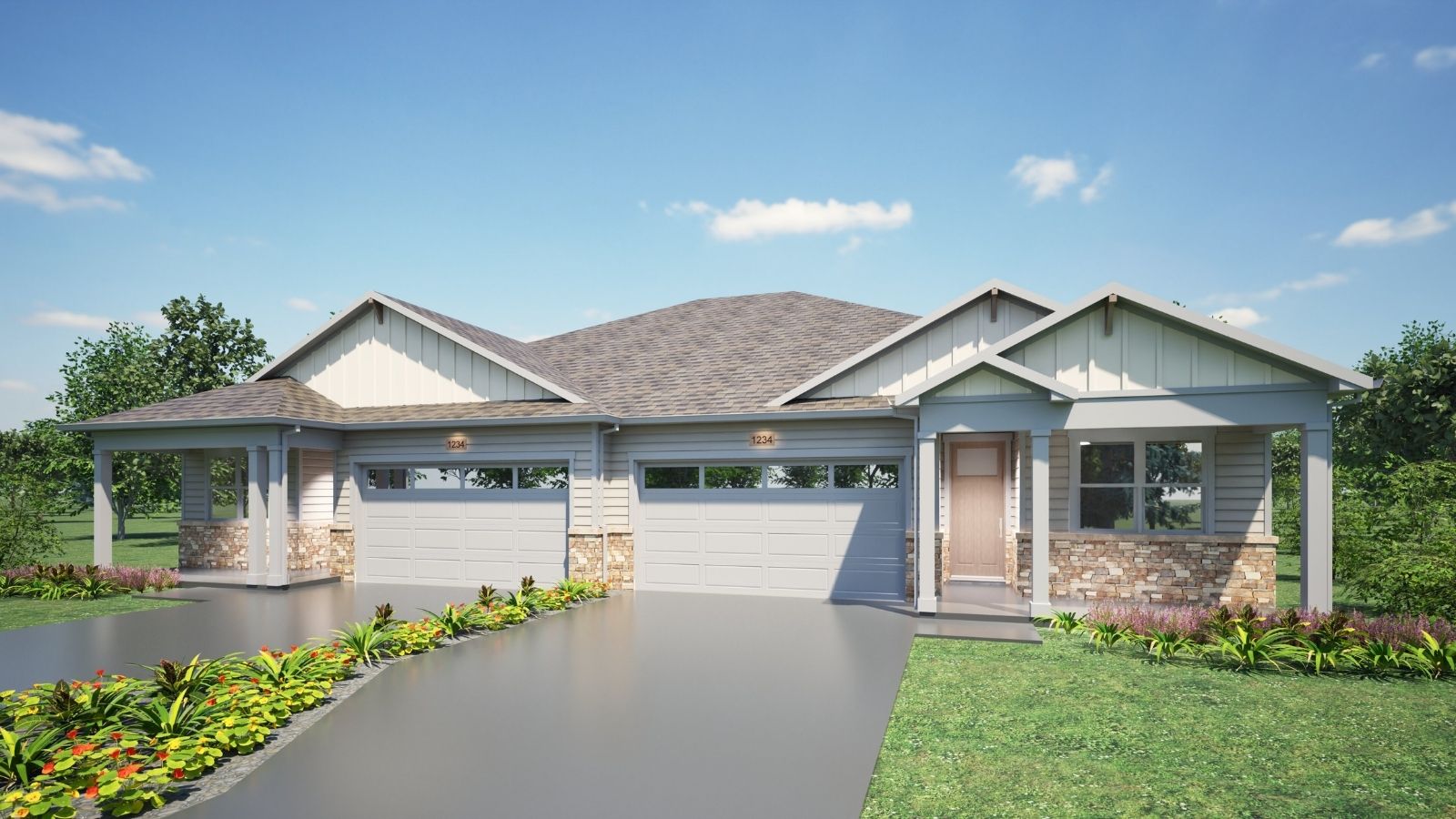 Traditional paired home rendering with gabled roof and front porch