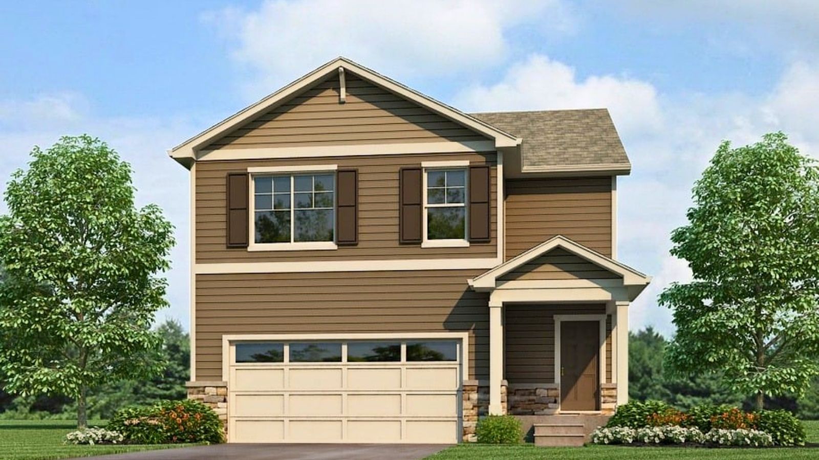 Rendering of 2 story Elder floor plan with 2 car garage