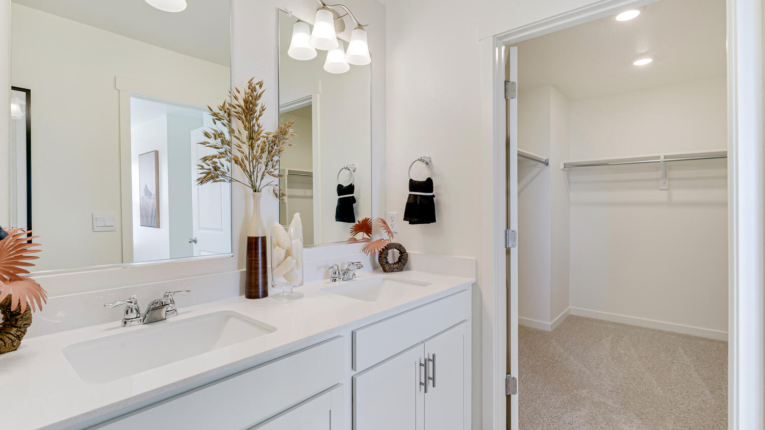 Primary bathroom with dual sinks, contemporary finishes, and a functional layout.