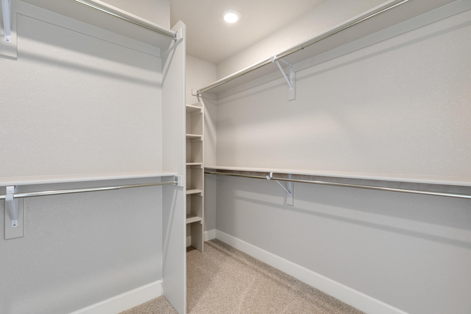 walk in closet with shelves and carpet floor