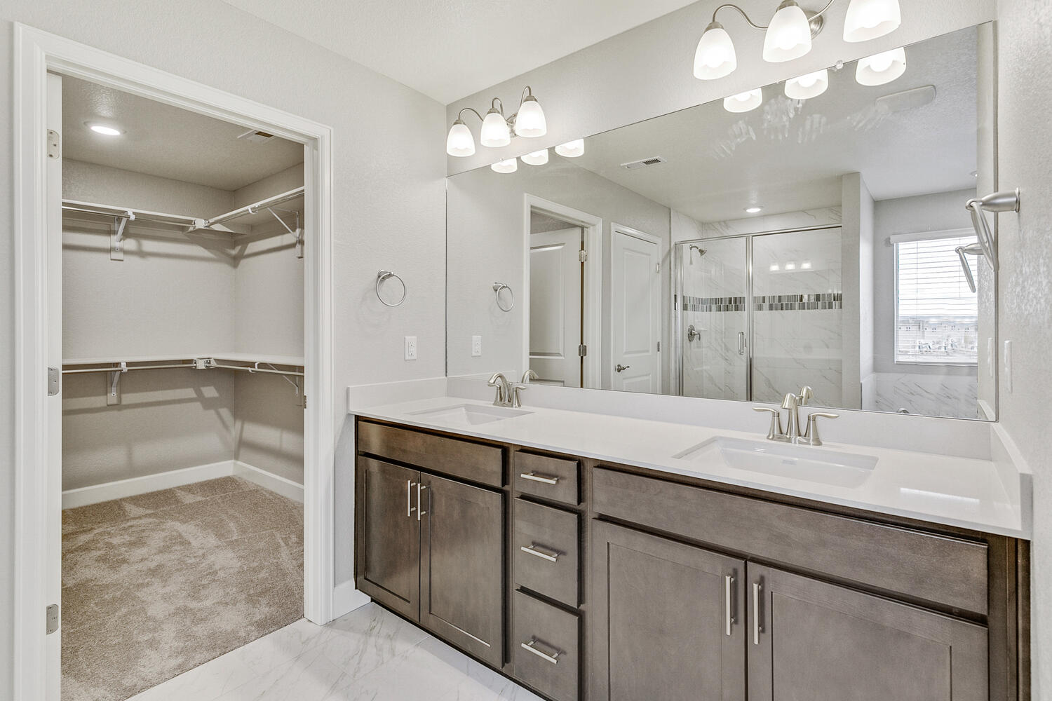 brown cabinet bathroom with dual-basin sink and closet
