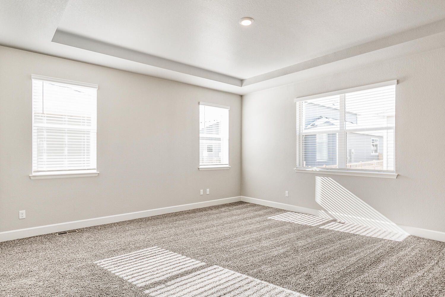 bedroom with carpet, three windows and crown molding ceiling
