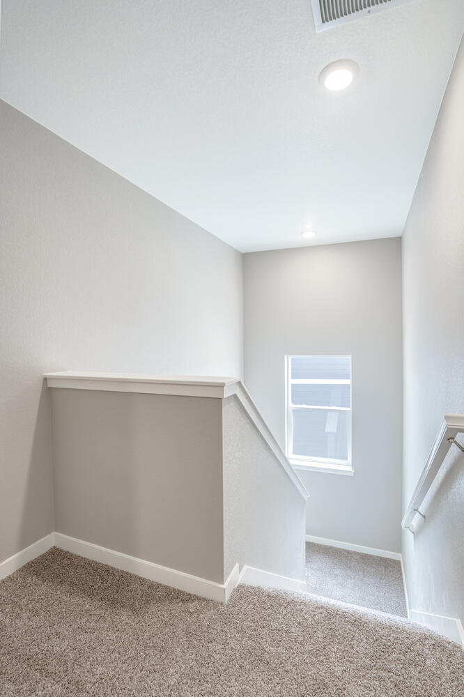stairs to second floor with a window and carpet floor