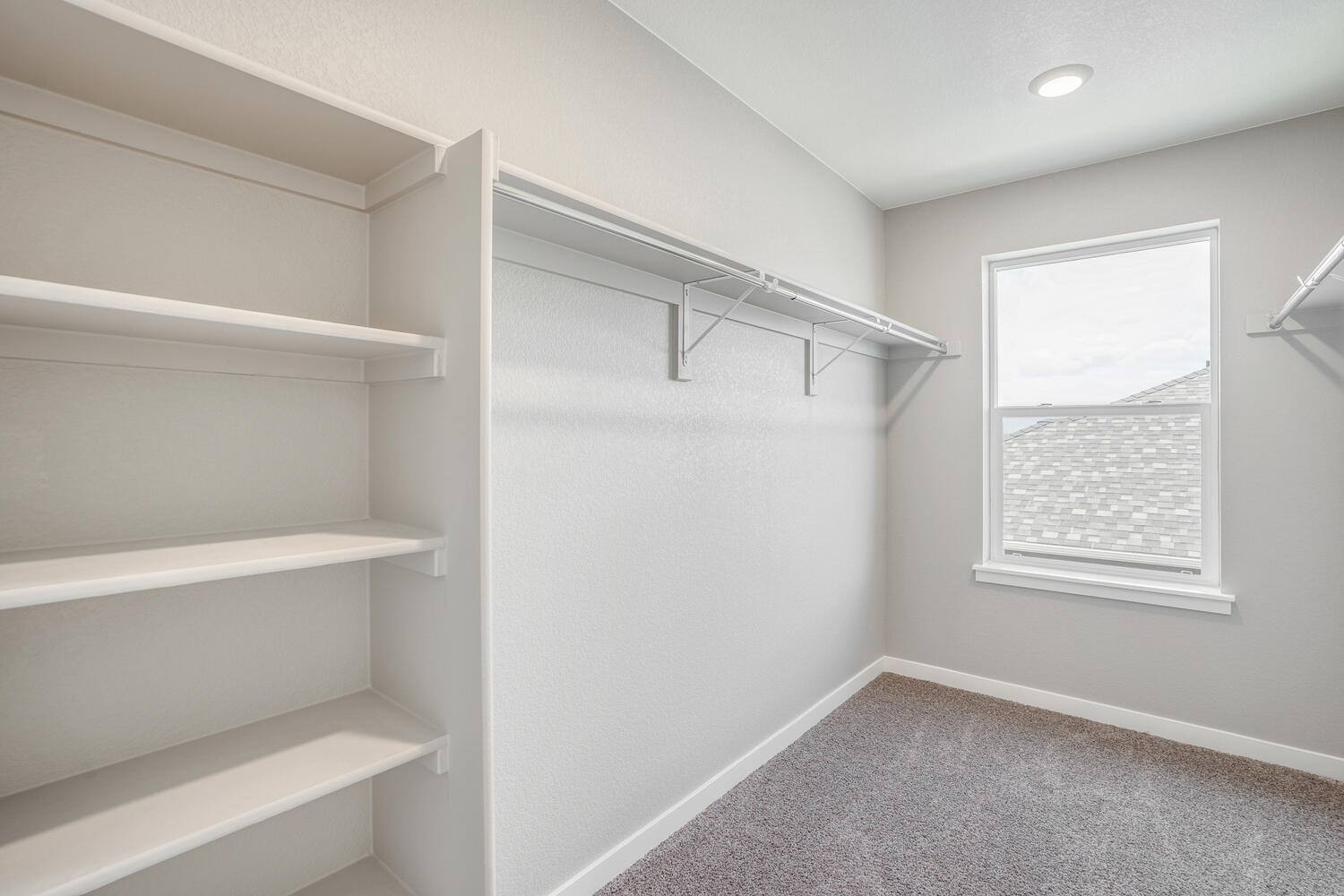 walk in closet with a window and shelves