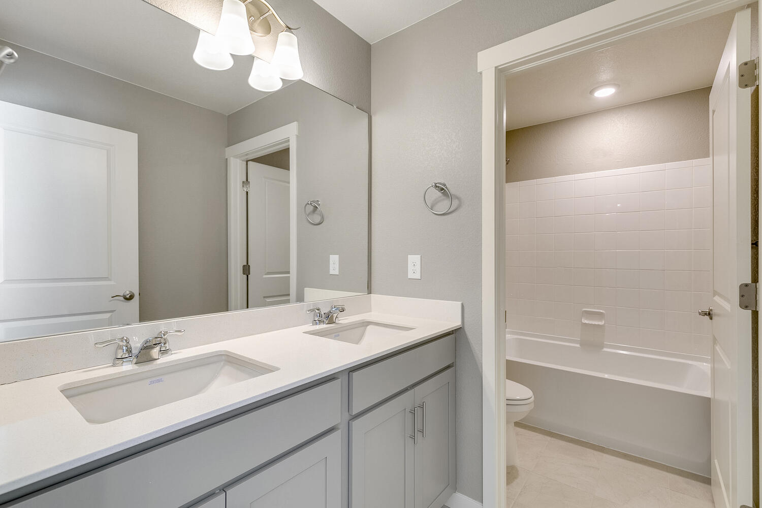gray cabinet bathroom with dual-basin sink, and closet