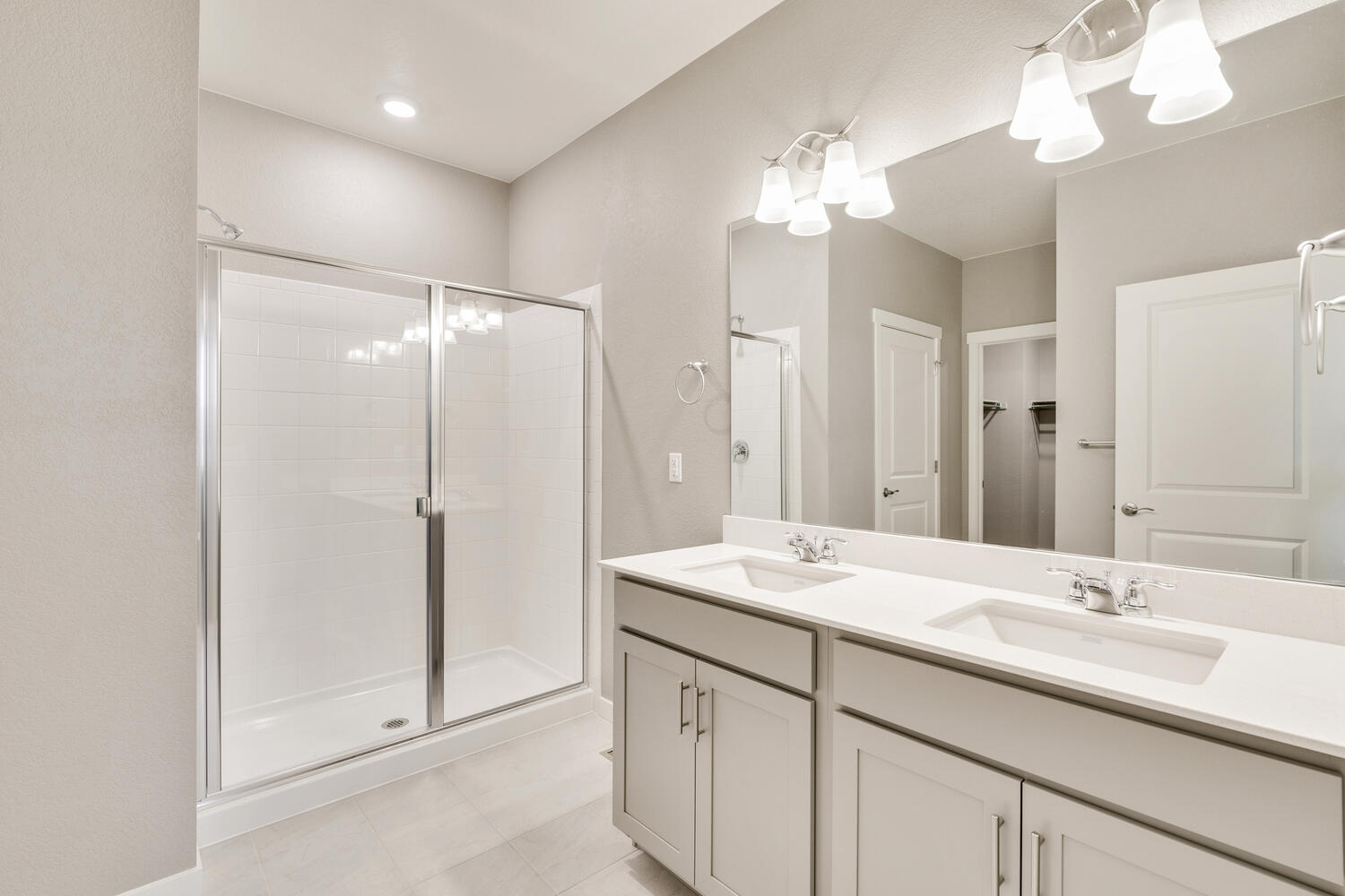 light gray bathroom with dual-basin sink and a shower