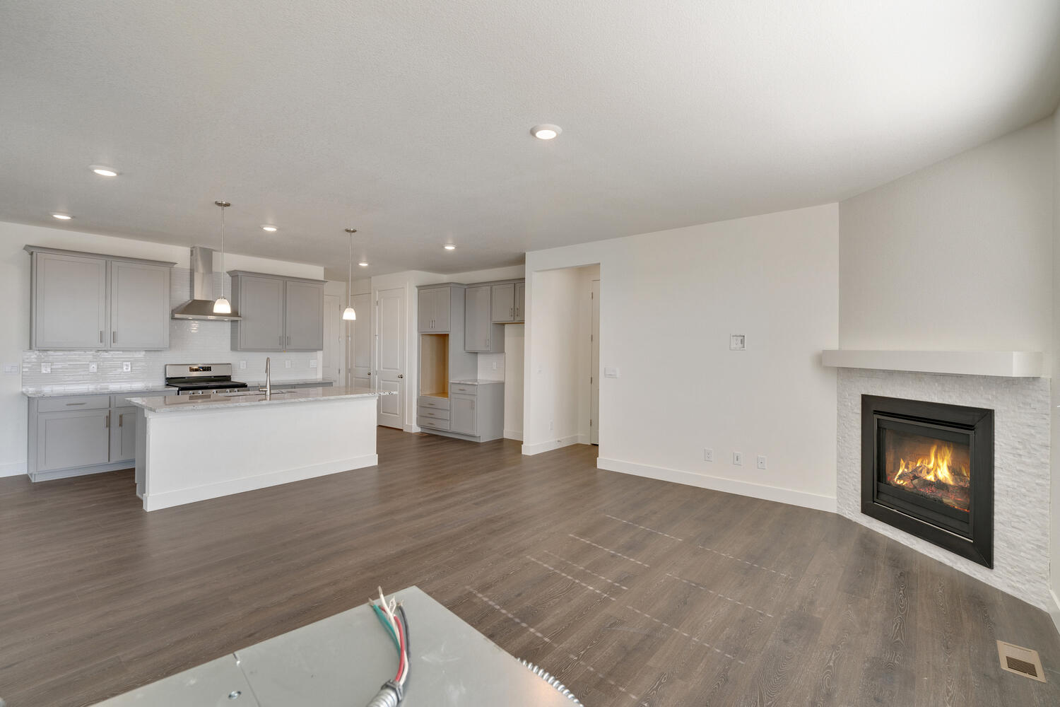 living room with a fireplace, wood floor and kitchen view