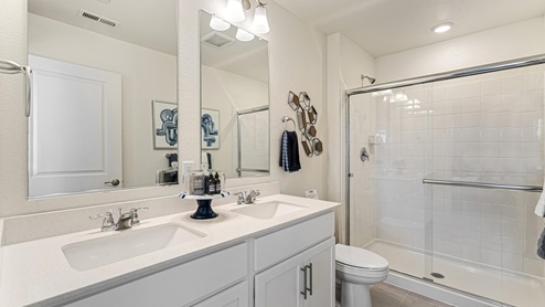 shower bathroom with two under mount sinks