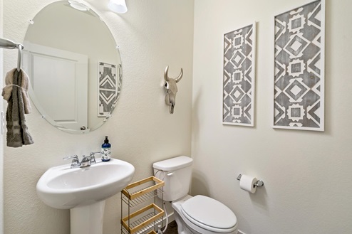 Guest bathroom with toilet, sink, mirror and decor
