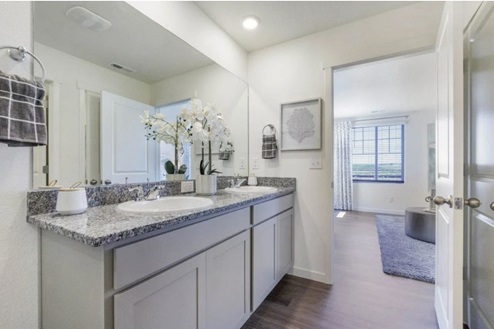 bathroom with double vanity sinks, gray cabinets and walk-in shower