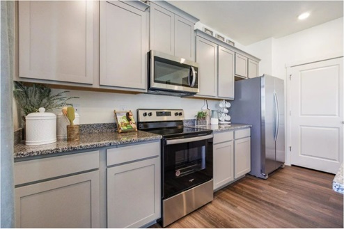 gray cabinets with stainless steel appliances