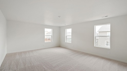 large bedroom with three windows and carpet floor