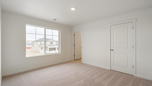 bedroom with a window, carpet floor and closet