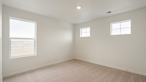 large bedroom with three windows and carpet floor