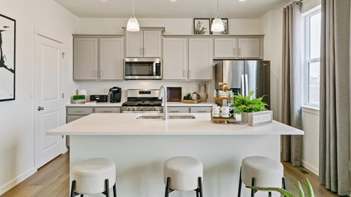 gray cabinet kitchen with stainless steel appliances and an island