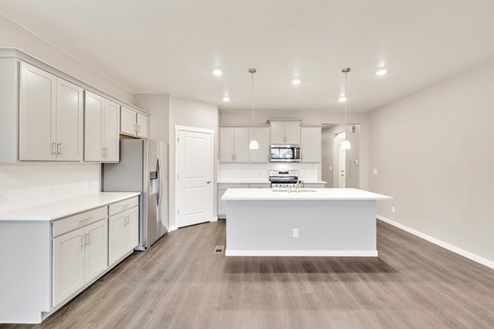 light gray cabinet kitchen with an island and stainless steel appliances