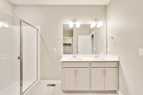 light gray bathroom with dual-basin sink and a shower