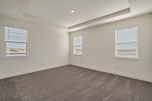 bedroom with three windows, carpet floor and crown molding