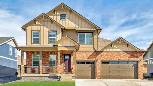 Vantage New Home Community, Arvade floorplan exterior, with three car garage and covered patio