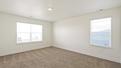 two windows bedroom with carpet floor and ceiling light