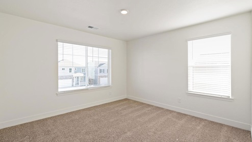 carpet floor bedroom with two wide windows and ceiling light