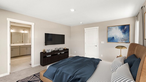 staged bedroom with a window, carpet floor and ceiling light