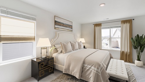 staged bedroom with a window, carpet floor and ceiling light