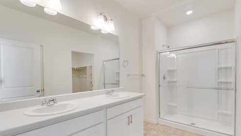 white cabinet bathroom with a shower and dual-basin sinks