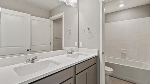 gray cabinet bathroom with the tub and toilet in a separate room