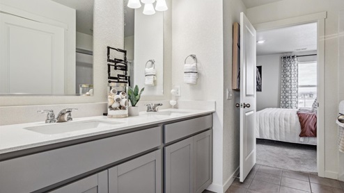 Primary bathroom with double sink and gray cabinets